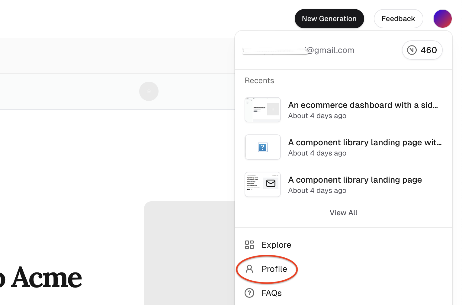 v0 dashboard profile link